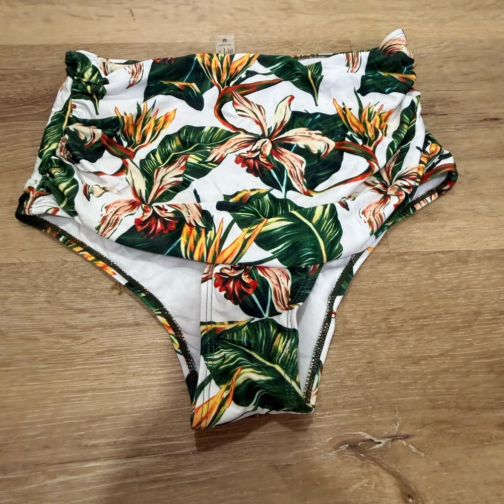 Sportlike Tropical Floral High Waisted Bikini Bottoms White Green Orange Medium